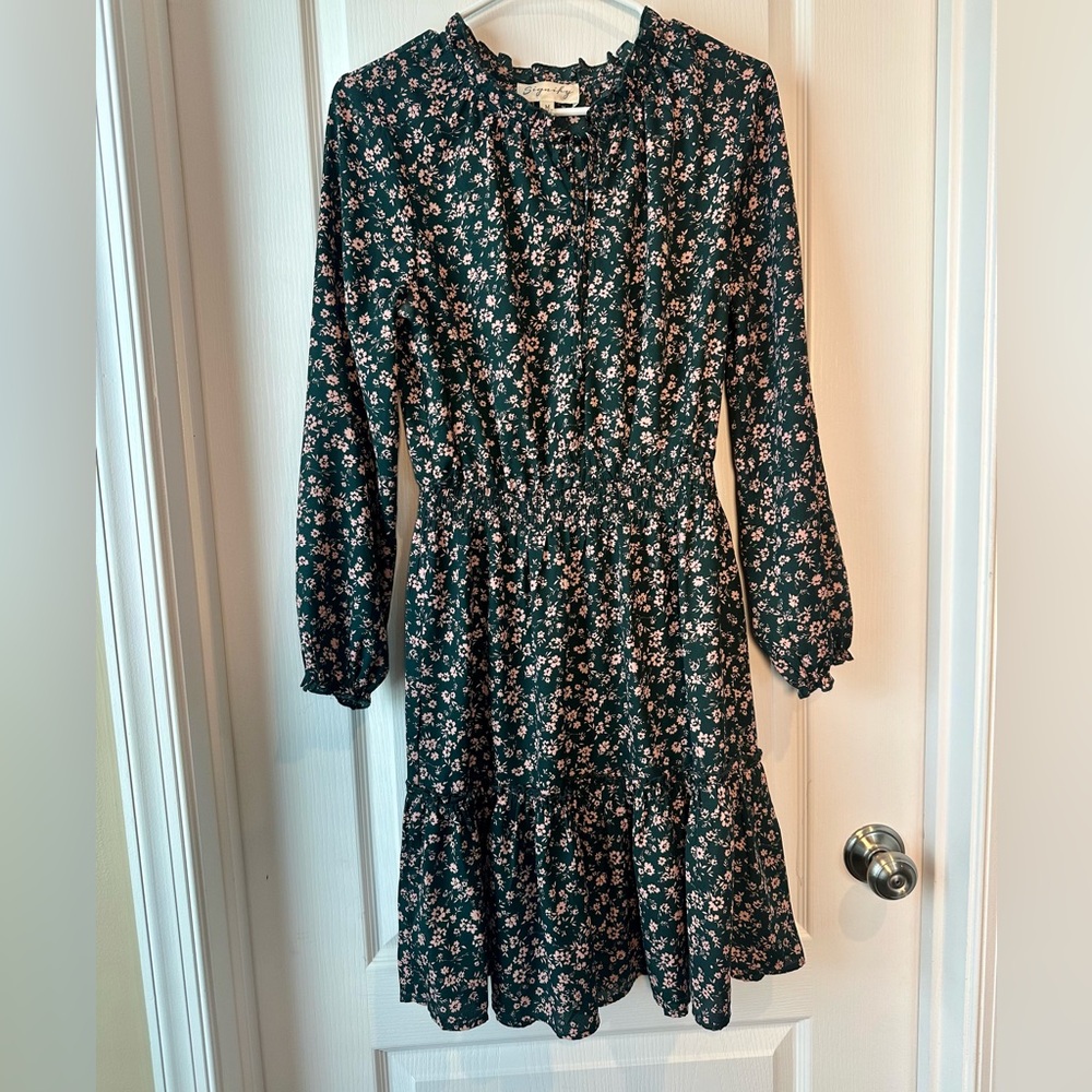 Signify Women’s Dress M Green Pink Floral Long Sleeve Smocked Waist Keyhole Tie